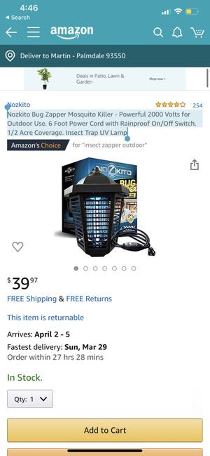 Photo Nozkito Bug Zapper Mosquito Killer - Powerful 2000 Volts for Outdoor Use. 6 Foot Power Cord with Rainproof On/Off Switch. 1/2 Acre Coverage. Insect T