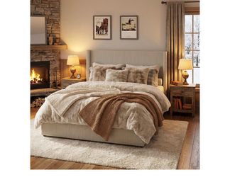 Ivory bedframe, corduroy queen size LED lights and drawers