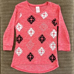 Faded Glory Girls L 10-12 Top Heathered Coral Aztec Print Rhinestone Hi Low Hem