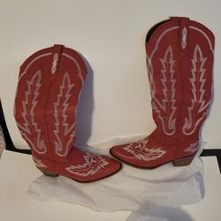 Ouepiano Knee High Western Boots For Women with Classic Embroidered Slip On Pointed Toe Chunky Heel Pull On Fashion Retro Tall Boot
 (8.5