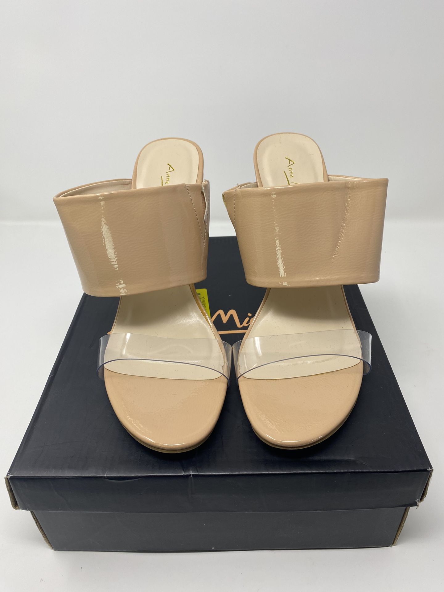 Brand New Nude & Clear Patent Leather Anne Michelle Strappy Slipper Heels (Size 10)