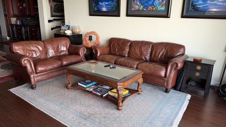 Bloomingdale’s-Federa Leather Sofa, Love  Seat  and Carved Coffee Table -3- Piece  set