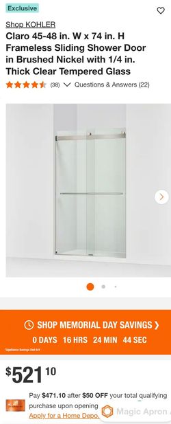 Kohler Claro Frameless Sliding Shower Doors BRAND NEW