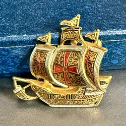Vintage Damascene Spanish Galleon Ship Pin Brooch Gold Tone Signed Spain