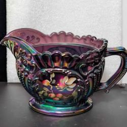Fenton Artist-Signed Carnival Glass Creamer - Hand-Painted Blossoms on Amethyst - J. Powell