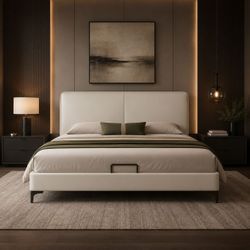 White Genuine Leather Minimalist King Sized Platform Bed w/ Padded Headboard / Metal Legs [NEW]  **Assembly Req (MATTRESS NOT INCLUDED)  