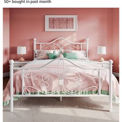White Metal Framed Queen Size Bed Frame With Head And Foot