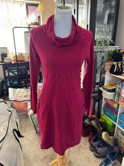 Women's Burgundy Cowl Neck Sweater Dress Long Sleeve Knit Tunic Pockets