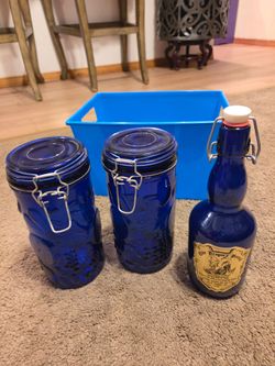 (2) Vintage Blue Canisters, Blue bottle, and Bin Set