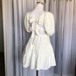 Ruffle Back Tie Short Textured Dress With Pockets Size S