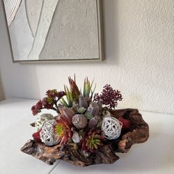 Handmade floral arrangement,  succulent, root log planter, Arreglo, decoración, Suculenta, plantadora tronco