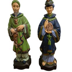 Vintage Pair Of Ceramic Statues Of a Chinese Emperor And Empress 