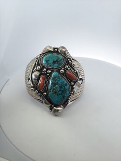 Sterling Silver Turquoise And Coral Bracelet