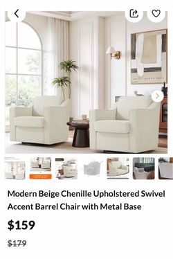 Modern Beige Chenille Upholstered Swivel Accent Barrel Chair with Metal Base