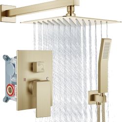 Shower Faucet Set Rain Shower System with Handheld Spray Bathroom Shower Combo Rough-in Valve and Shower Trim Kit Included Brushed Gold 10 Inch Wall M