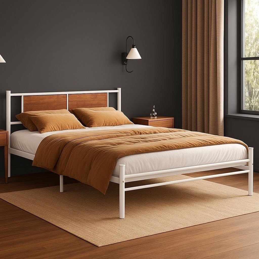 White Metal & Oak Headboard Full Size Bed Frame