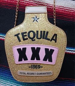 Tequila, golden glitter crossbody purse.