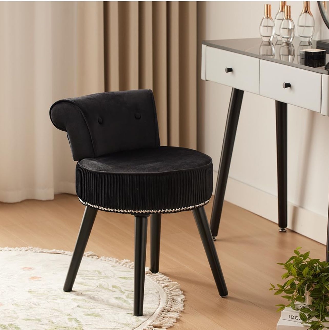 Vanity Stool with Back -Black Velvet Vanity Chair with Back Small Vanity Makeup Vanity Chair Velvet Vanity Stool Chair Tufted Accent Chairs Makeup Cha