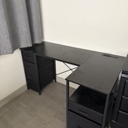 L-Shaped Computer Desk w/ Built-in Power Outlets & 6 Storage Drawers - Black