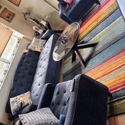 LIVING ROOM CLASIC VELVET BLUE SET WITH CENTER TABLE