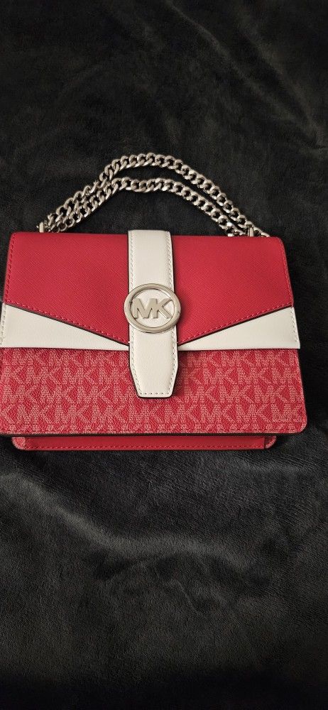 Michael Kors Greenwich Small Color-Block Signature Crossbody Bag in Dark Raspberry Multi (red and white)