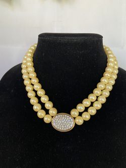 Vintage Designer Double Strand Pearls With Pendant And Crystal Clasp