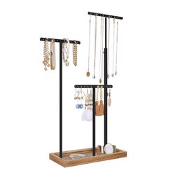 Jewelry Display Stand Holder, Jewelry Rack Tree with 3 T-Shape Metal Bars with Holes, Storage Tray, Adjustable