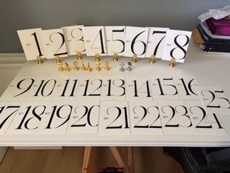 Wedding Table Numbers 1-25 with Gold and Silver Stands