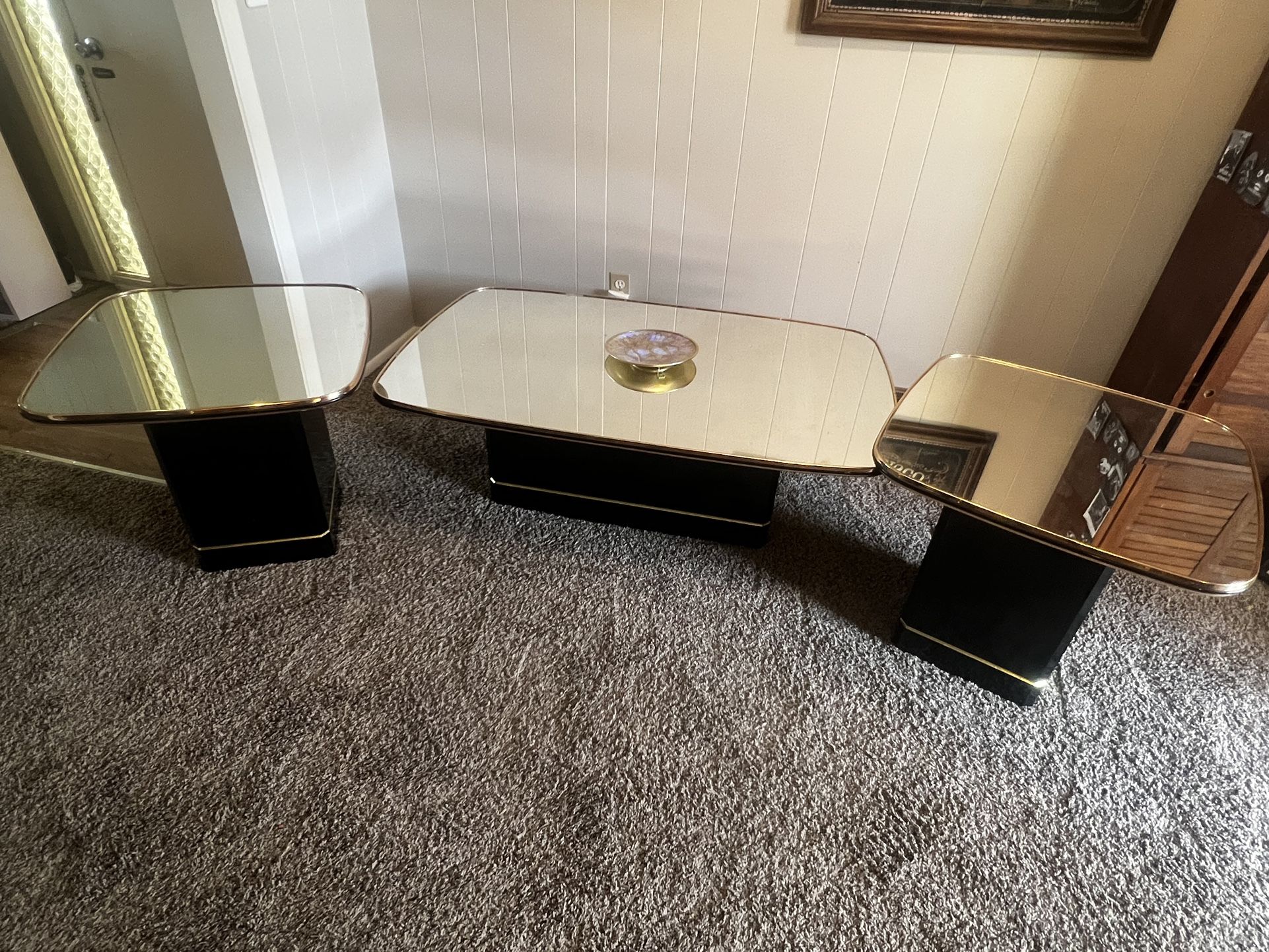 3 Piece Table Set Vintage Mirror Top Side Tables And Coffee Table
