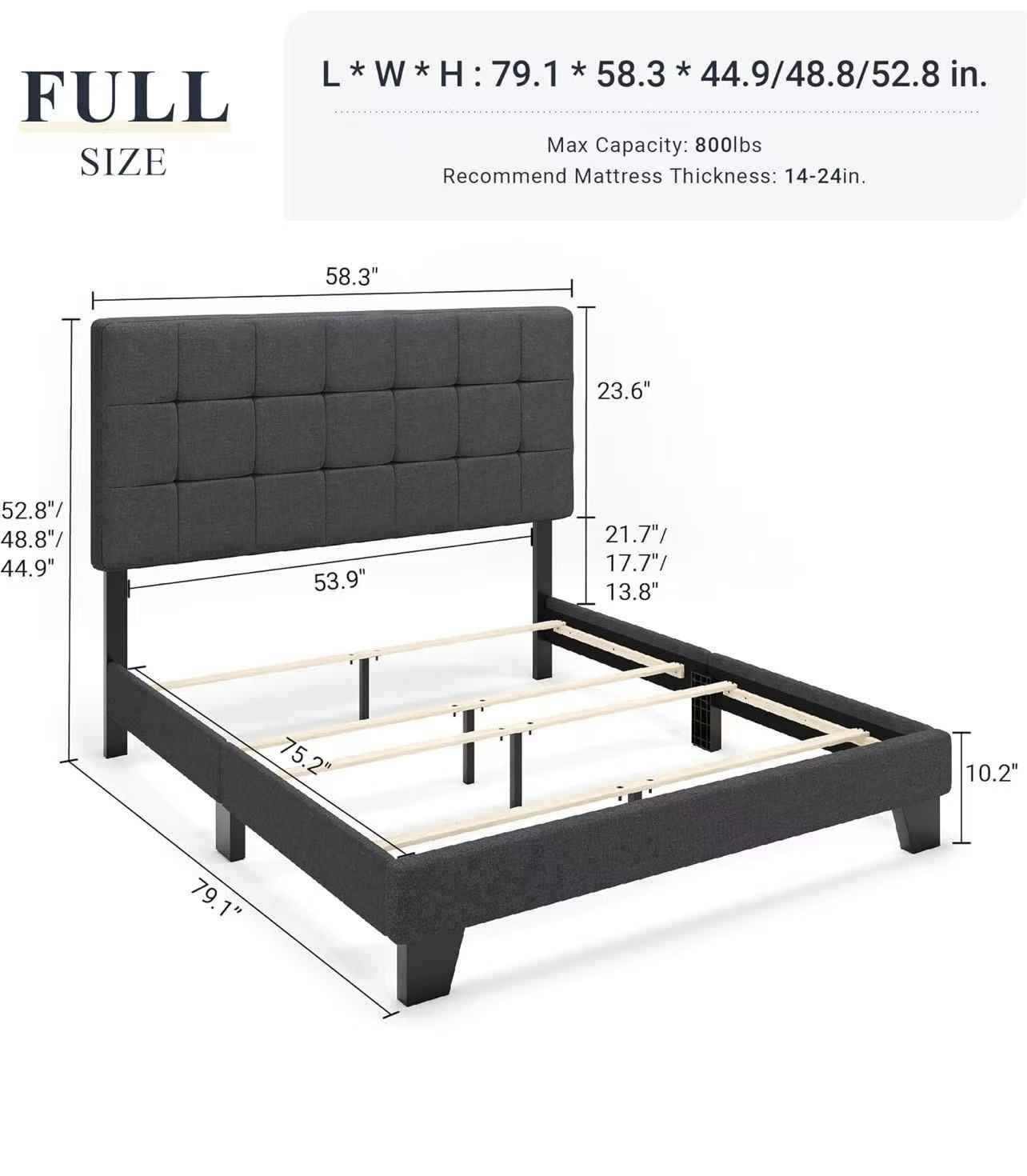 🥨Full Size Allewie Panel Bed Frame with Adjustable Headboard for High Profile/Fabric Upholstered/Square Stitched Padded Headboard/Box Spring or Bunki