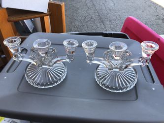 Vintage Pair of triple candle holding clear depression glass candelabras