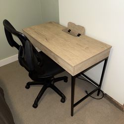 Wooden Desk w/ Power Outlets and Office Chair