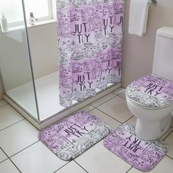 Cute Pink (Just Try ) Bathroom Shower Curtain , Carpet Toilet Cover Lid Set 