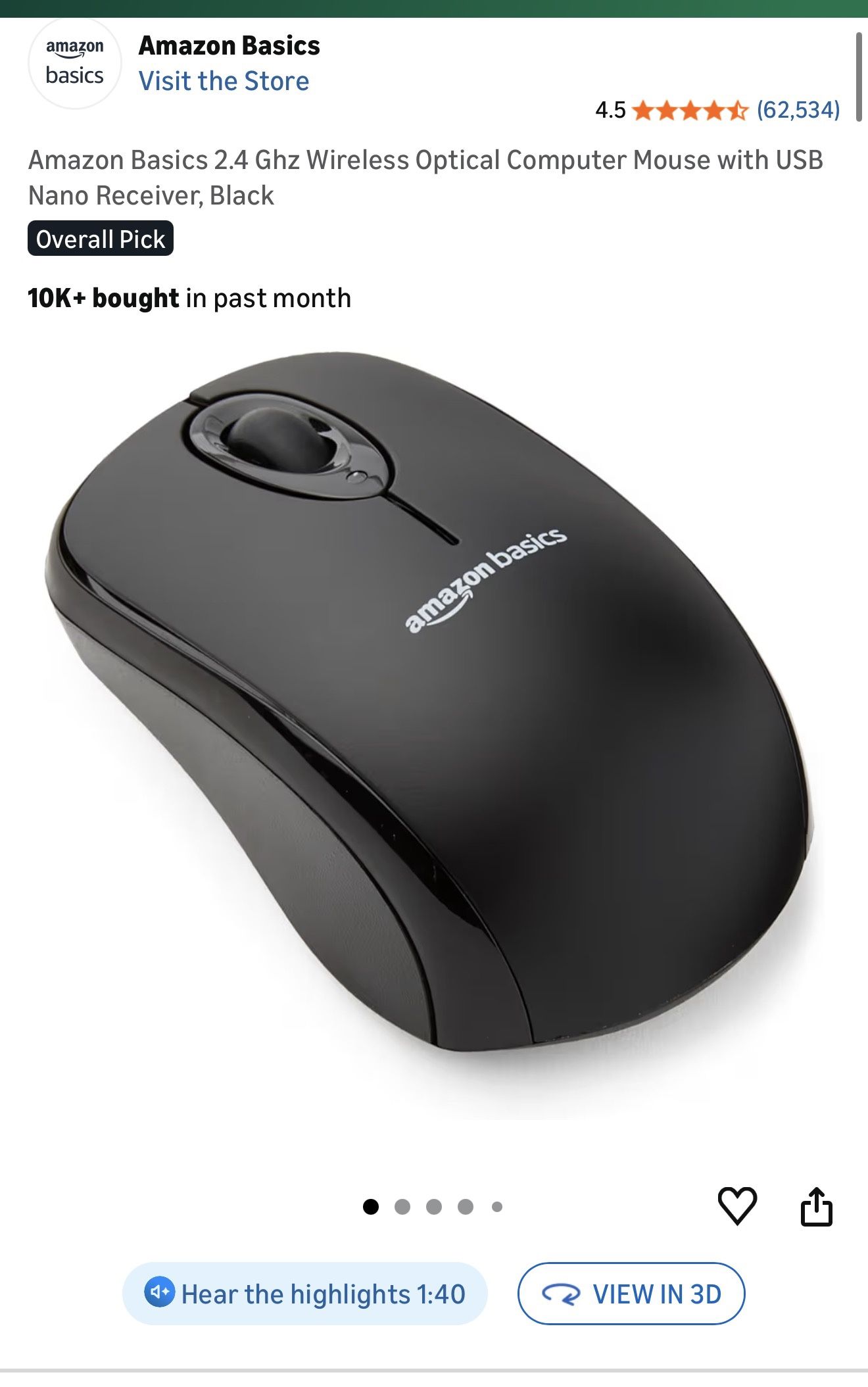 Amazon Basics 2.4 Ghz Wireless Optical Computer Mouse with USB Nano Receiver, Black