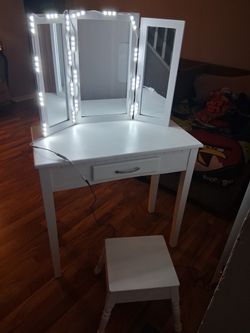 White Vanity Table with Mirror and Stool