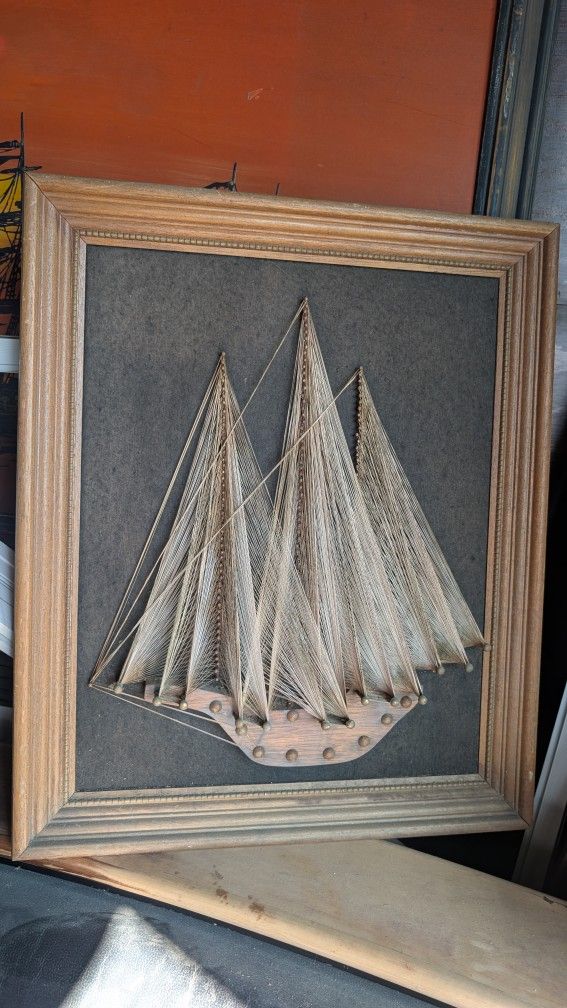 Vintage Art Nautical Sailboat 3D String Sails Mid-Century Velvet Artwork 
