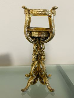 Vintage Gold Hammered Metal Candle Holder 9” Tall