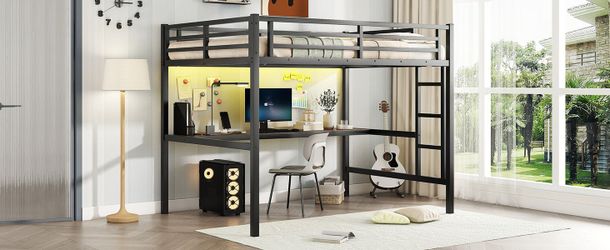 Metal Full Size Loft Bed with Power Outlet and LED Lighted, Space-Saving, Noise Reduced, Black