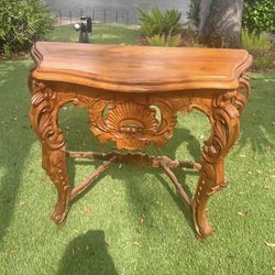 Hand-Carved Rococo Solid Wood Console Table - Ornate Shell Motif