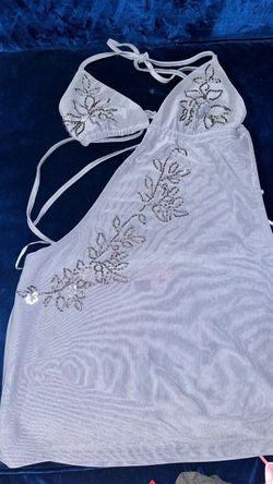 White Mesh Halter Dress Set with Sequin Floral Detail