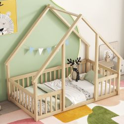 Eydis Twin Size Wood House-Shaped Floor Bed with Fence