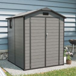 6x6 FT Plastic Outdoor Storage Shed - Lockable Resin Tool Shed with Window & Floor, Dark Gray 
