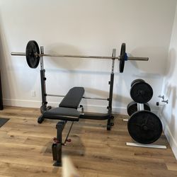 Weight Lifting Bench and Weights + Rack