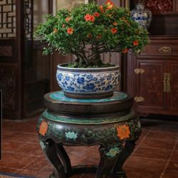 1950's Chinoiserie Black Lacquer Garden Stool with Cloisonne Inlay Top Vintage - Plant Stand