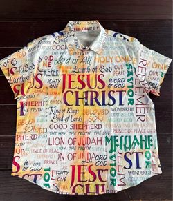 Jesus Christ Religious Print Short Sleeve Button Down Shirt Mens XL