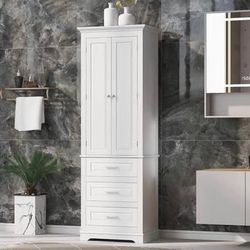 Minor Crack Assembled New Bathroom Tall Storage Cabinet w/ 2 Doors and 3 Drawers Freestanding