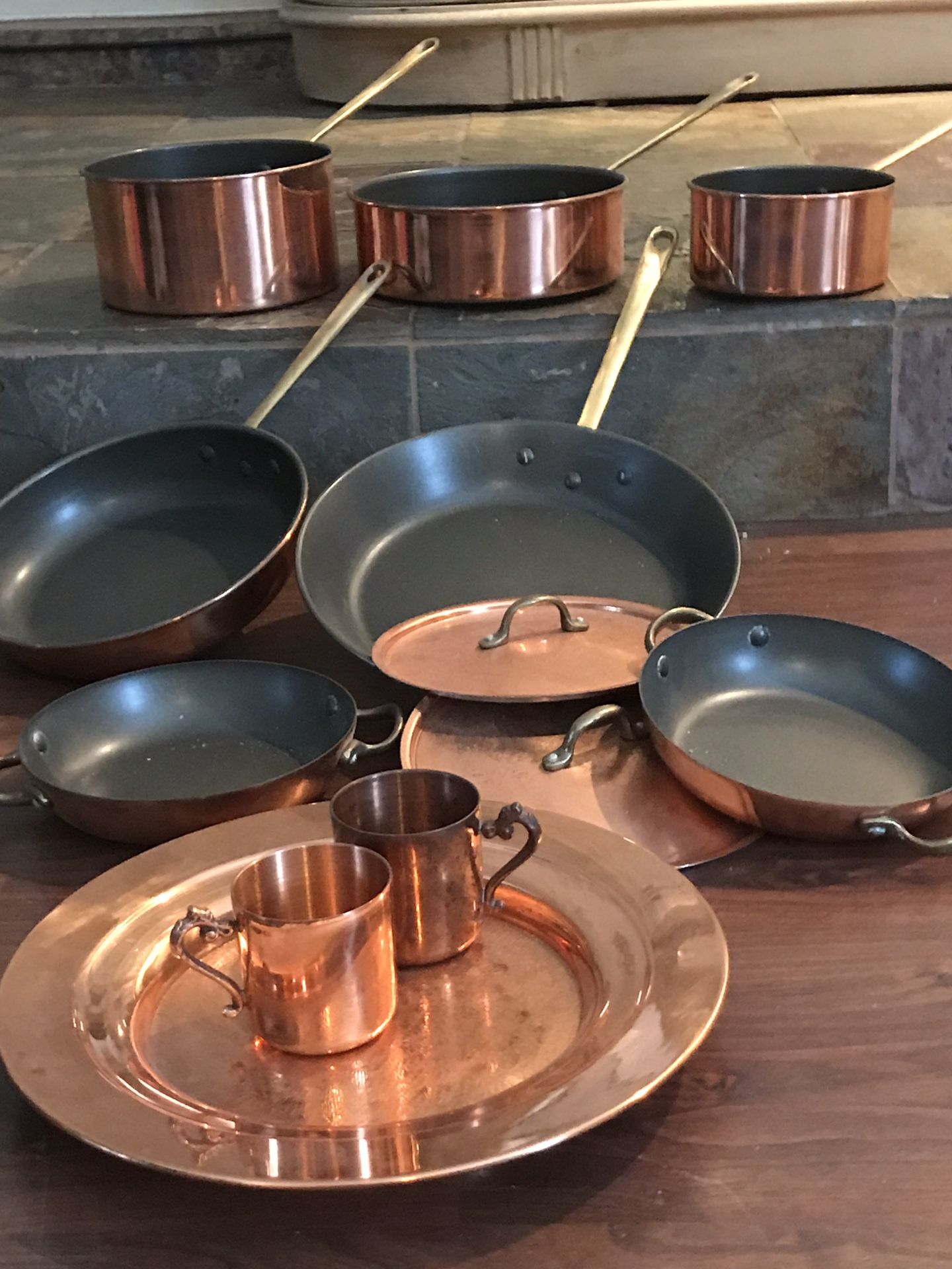 Vintage copper pots and pans set -