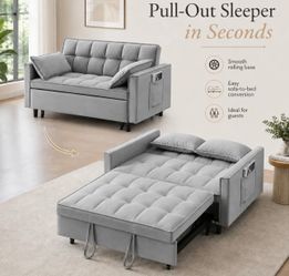 52" Pull Out Sleeper Sofa Velvet Loveseat w/ Side Pockets - Grey