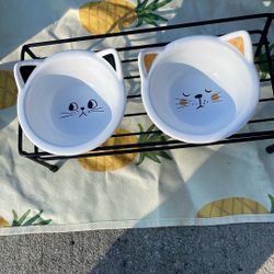Set of Two Ceramic Pet Bowls with Stand