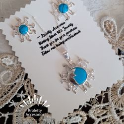 Sterling Silver 925 Necklace And Earrings Set Moon And Sun Design With Turquoise Stone